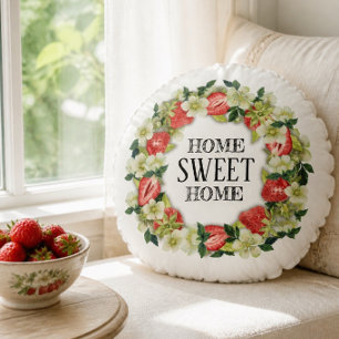 Strawberry Wreath   Home Sweet Home   Round Pillow