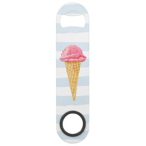 Strawbverry Ice Cream Cone With A Blue Stripes Speed Bottle Opener