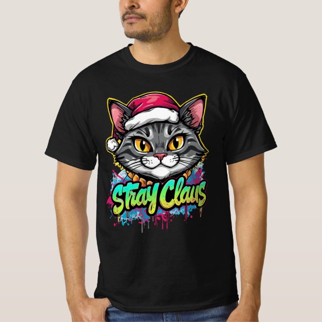 Stray Claus – Graffiti Christmas Cat Design T-Shirt (Front)