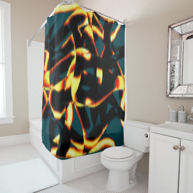 Streaks burnt yellow red looks terry, flawed spray shower curtain (In Situ)