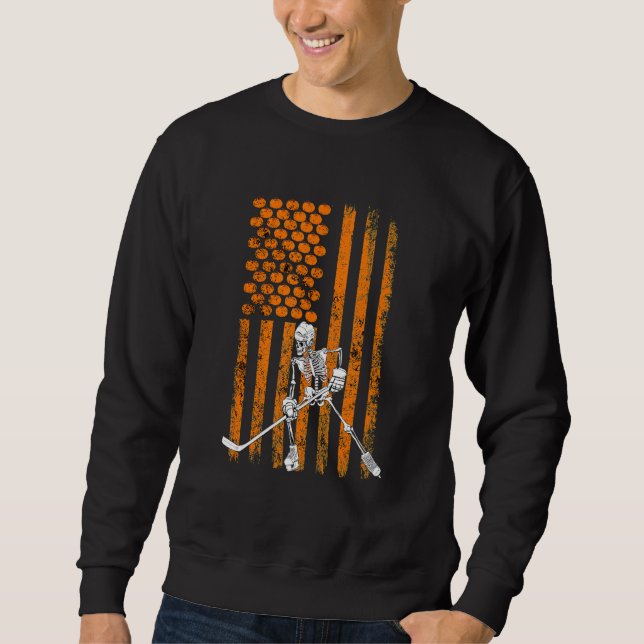 Streaky Flag Halloween Ice Hockey Player Skeleton  Sweatshirt (Front)
