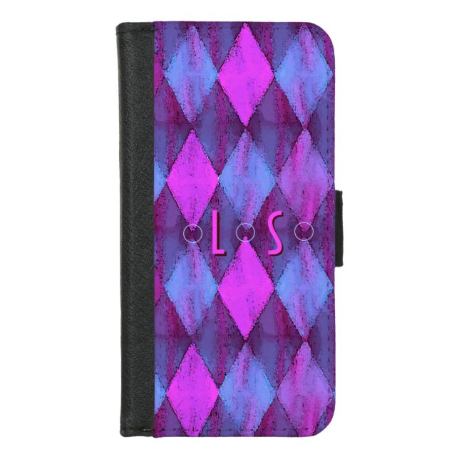 Streaky Harlequin Orchid and Periwinkle Monogram iPhone Wallet Case (Front)
