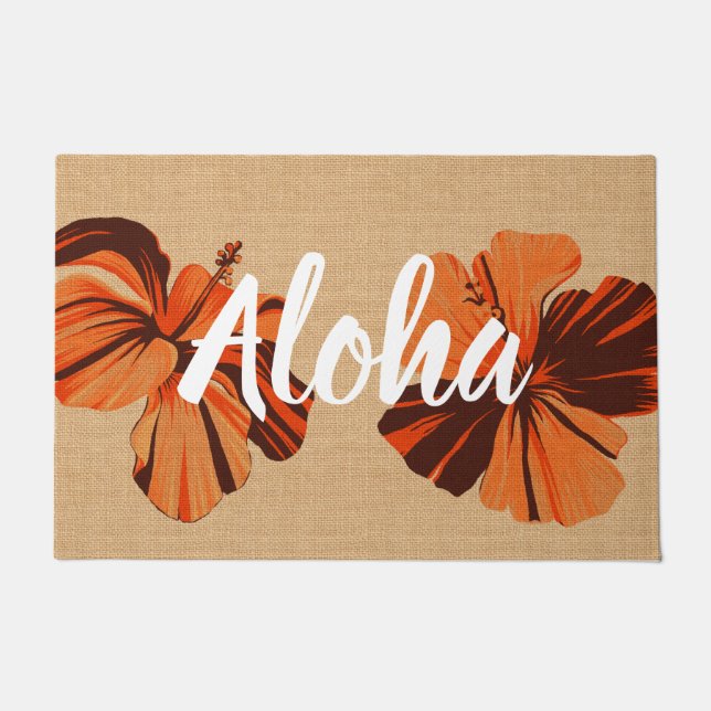 Streaky Hawaiian Hibiscus Orange Aloha Doormat (Front)
