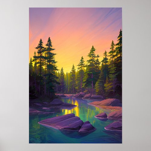 Stream Amongst Pine Trees and Rocks Poster