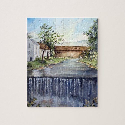 Stream New England Landscape Watercolor Painting Jigsaw Puzzle