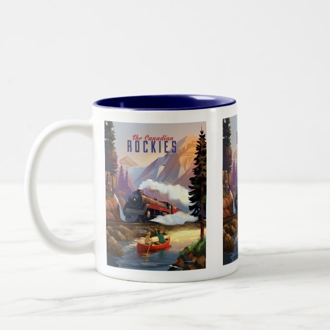 Stream train in Rocky Mountains. Two-Tone Coffee Mug (Left)