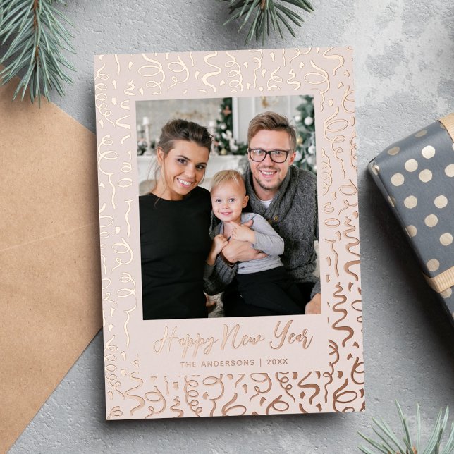 Streamers and Confetti Happy New Year Photo Foil Holiday Card (Creator Uploaded)