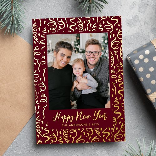 Streamers and Confetti Happy New Year Photo Foil Holiday Card