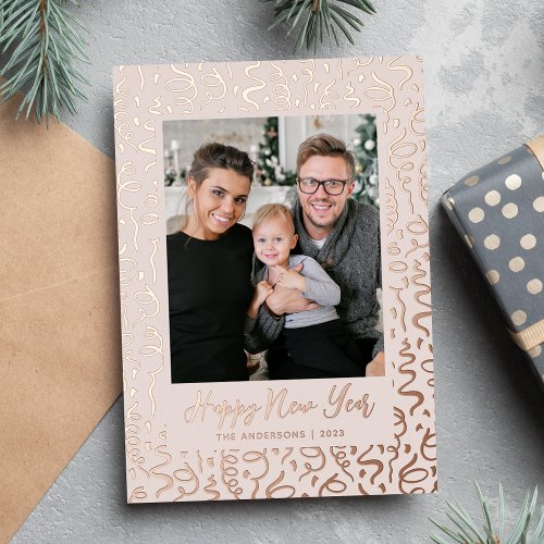 Streamers and Confetti Happy New Year Photo Foil Holiday Card