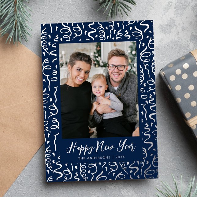 Streamers and Confetti Navy Happy New Year Photo Foil Holiday Card (Creator Uploaded)