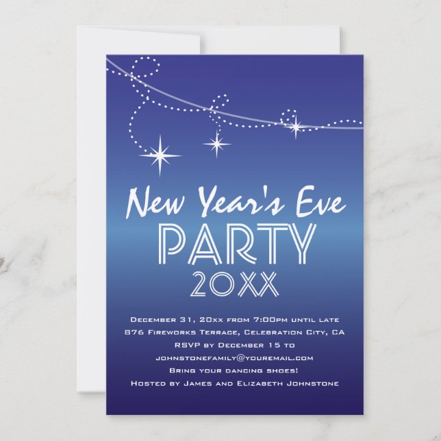 Streamers and Stars Blue New Year's Eve Party Invitation (Front)