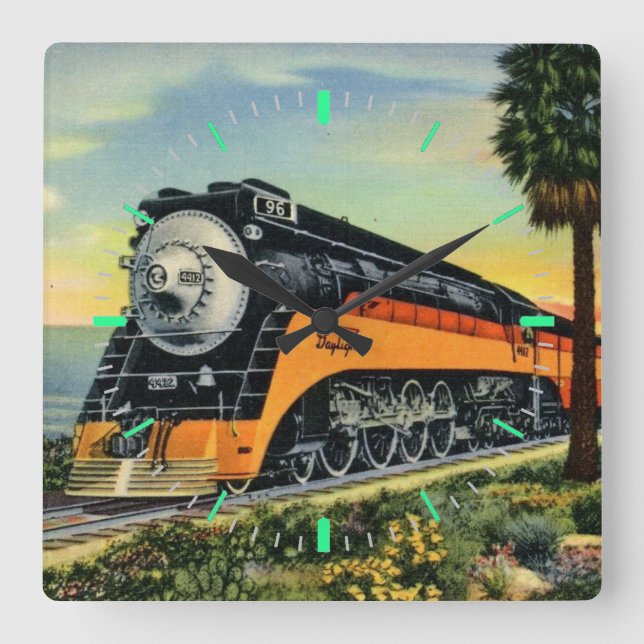 Streamlined Steam Locomotive Square Wall Clock (Front)