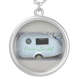 Streamlined teardrop trailer gypsy caravan silver plated necklace