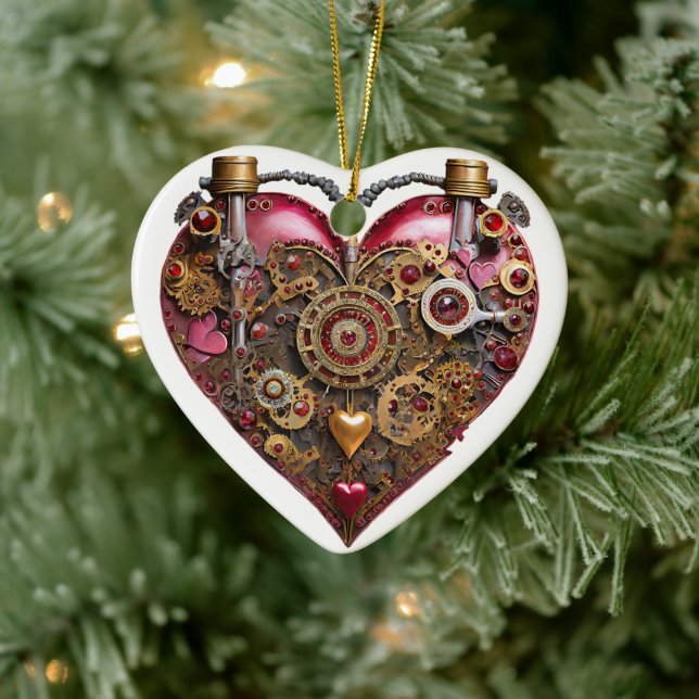 Streampunk Heart Ruby Valentine Ceramic Ornament (Tree)