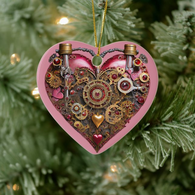 Streampunk Heart Ruby Valentine Ceramic Ornament (Tree)