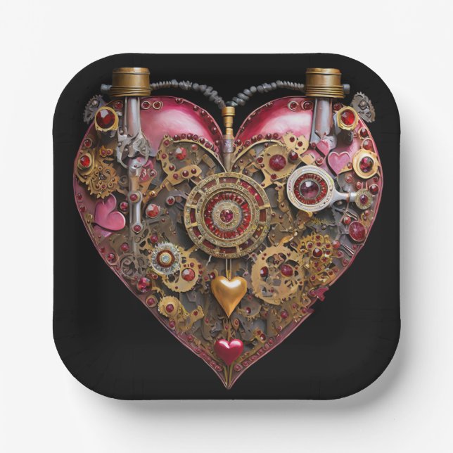 Streampunk Heart Ruby Valentine Paper Plates (Front)