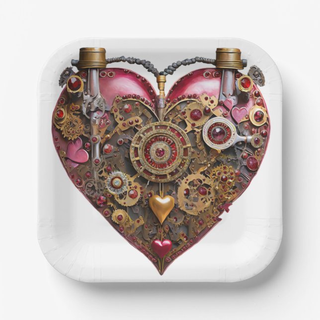 Streampunk Heart Ruby Valentine Paper Plates (Front)
