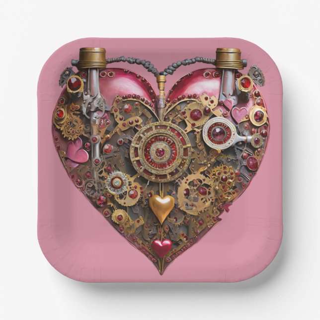 Streampunk Heart Ruby Valentine Paper Plates (Front)