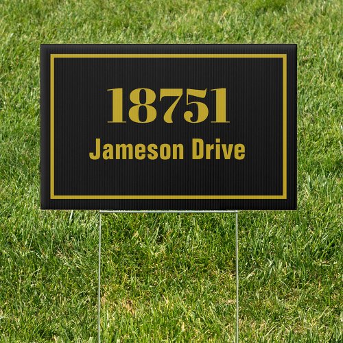Street address house number black and gold sign