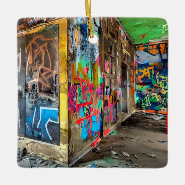 Street Art Abandoned Building Personalized Ceramic Ornament (Front)