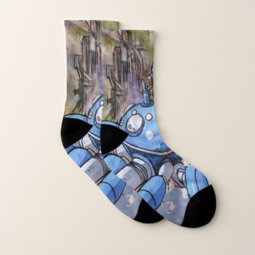 Street Art Blue Robot Socks