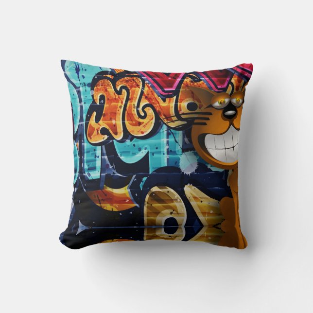 Street Art Cat Throw Pillow (Front)