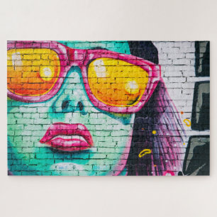 Street art of woman wearing pink sunglasses, jigsaw puzzle