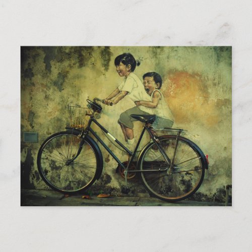 Street Art Postcard  kids on bike  penang