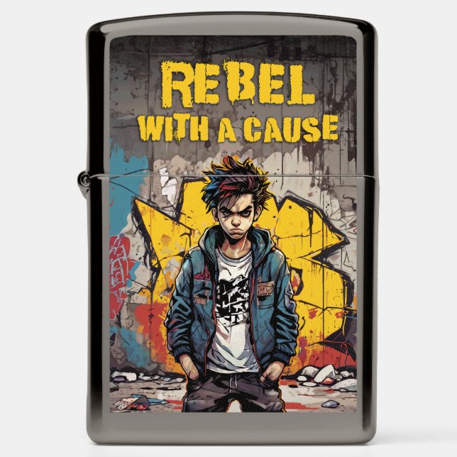 Street Boy Graffiti Illustration: Rebel with a Cau Zippo Lighter (Front)