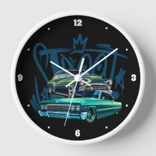 Street Fifties Sixties Vintage Autos Black Trees  Clock