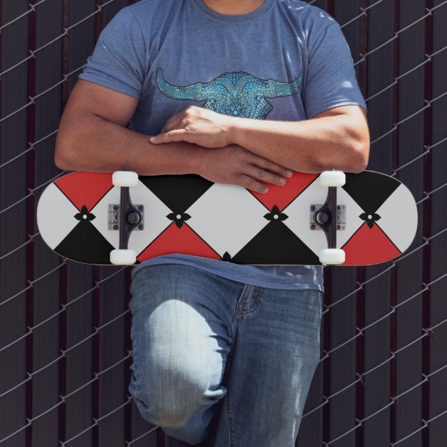 Street Grunge Argyle Pattern Bold Red Black Grey Skateboard (Outdoor 3)