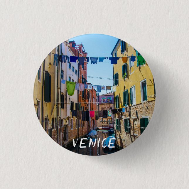 Street in Venice with laundry washed clothes Italy Button (Front)