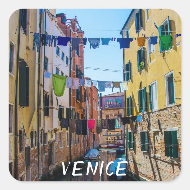 Street in Venice with laundry washed clothes Italy Square Sticker (Front)