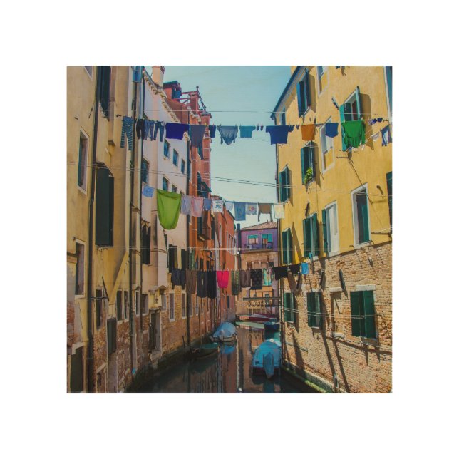 Street in Venice with laundry washed clothes Italy Wood Wall Art (Front)