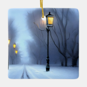 Street Lamps Glowing In Winter Wonderland Ceramic Ornament