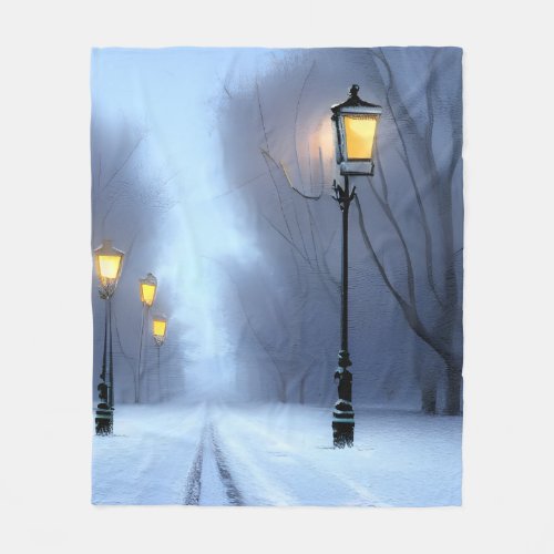Street Lamps Glowing In Winter Wonderland Fleece Blanket