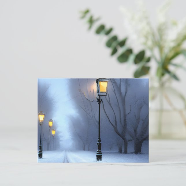 Street Lamps Glowing In Winter Wonderland Holiday Postcard (Standing Front)