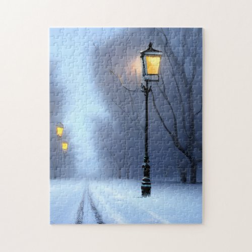 Street lamps Glowing In Winter Wonderland Jigsaw Puzzle