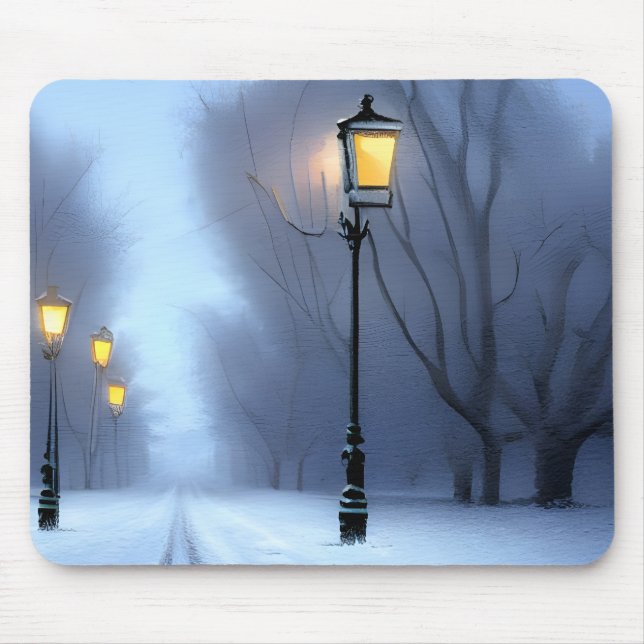 Street Lamps Glowing In Winter Wonderland Mouse Pad (Front)