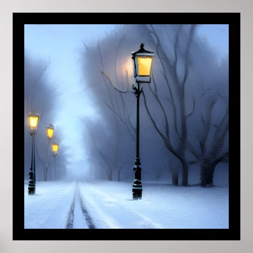 Street Lamps Glowing In Winter Wonderland Poster