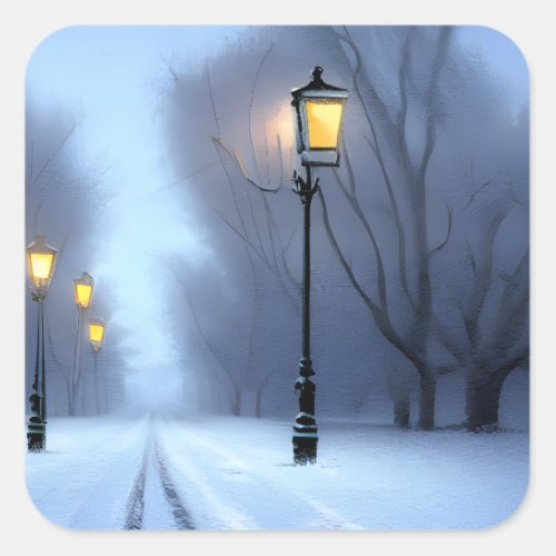 Street Lamps Glowing In winter Wonderland Square Sticker