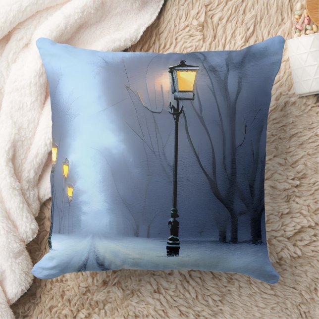Street Lamps Glowing In Winter Wonderland Throw Pillow (Blanket)