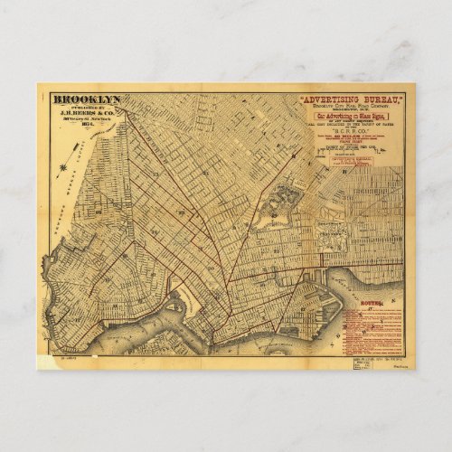 Street Map of Brooklyn New York 1874 Postcard