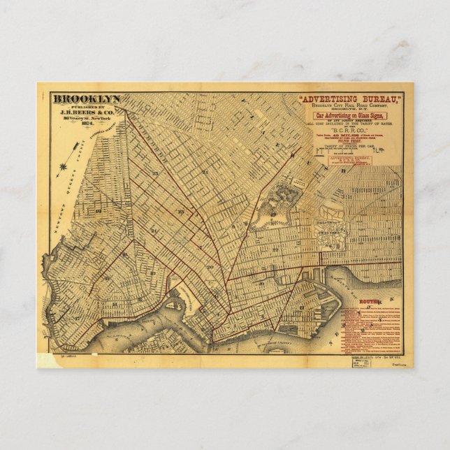 Street Map of Brooklyn, New York (1874) Postcard (Front)
