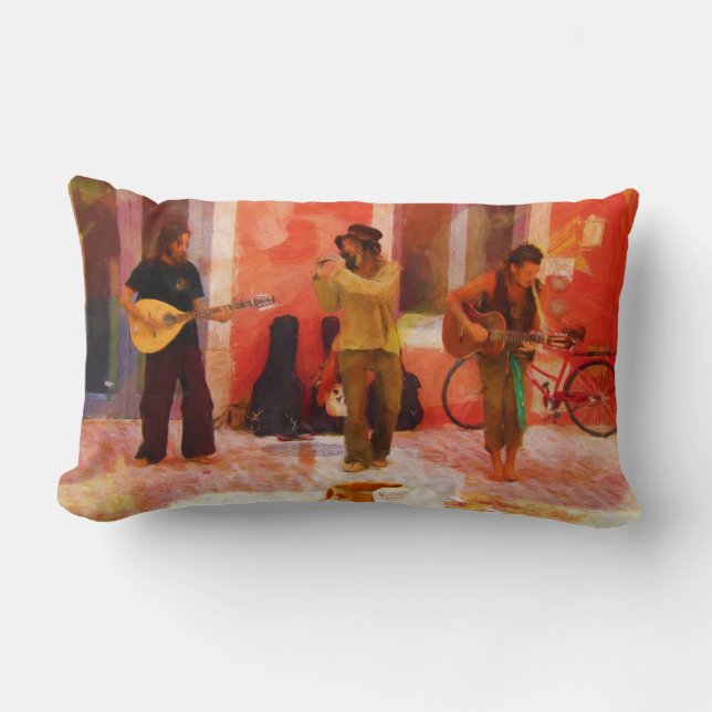 Street Musicians Playing Guitar Mandolin and Flute Lumbar Pillow (Front)