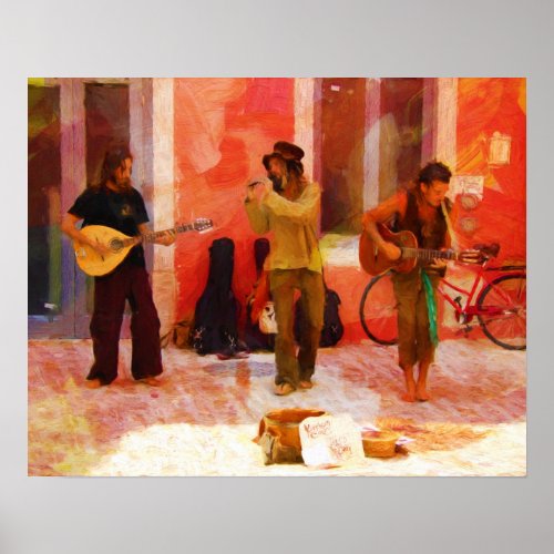 Street Musicians Playing Guitar Mandolin and Flute Poster