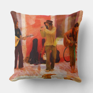 Street Musicians Playing Guitar Mandolin and Flute Throw Pillow
