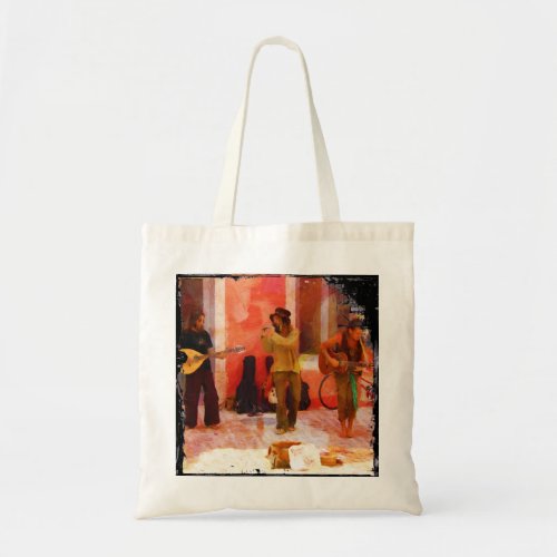 Street Musicians Playing Guitar Mandolin and Flute Tote Bag