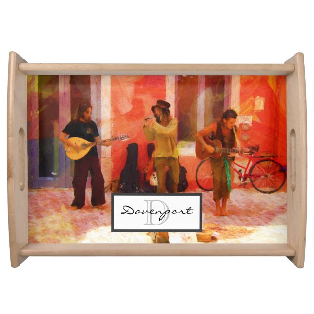 Street Musicians Playing Together Monogram Serving Tray (Front)