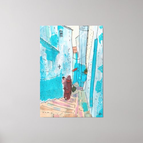 Street of Chefchaouen Morocco Paper Collage Sketch Canvas Print